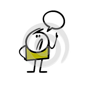 Funny stickman pointing up with finger and comics talking bubble.