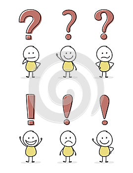 Funny stickman with question mark and exclamation mark symbol. Icon set. Vector