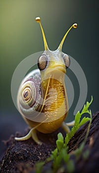 Funny strange mutant snail, close-up. Ai generative