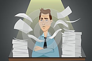 Funny stressed vector cartoon character - office worker sitting behind the table with a lot of paperwork