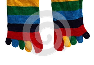 Funny striped socks with fingers isolated on white
