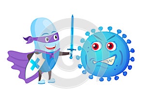 Funny strong pill guardian with sword and shield fight with bacteria virus. Capsule, health, medical antibiotic concept