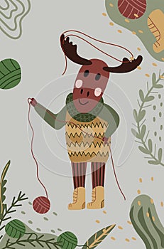 A funny stylish deer in a scarf and a knitted drill holds threads. Forest trending animals. Ideal for posters, greeting