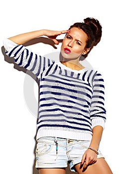 Funny stylish model girl in casual modern hipster cloth