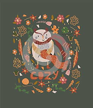 A funny stylish owl in a scarf holds threads and knits, around leaves, striped trendy flowers, and the inscription cozy