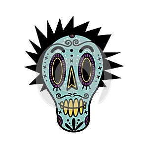 Funny sugar skull vector icon. Festive mask of a Mexican punk with mohawk and gold teeth. Sketch for the day of the dead