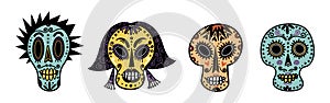 Funny sugar skulls vector set. Festive mask of a cute Mexican men, women, teenagers. Sketch for the day of the dead, Dia