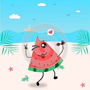 Funny summer banner with fruit character. Vector illustration of cartoon watermelon character tropical beach. Vintage fruit poster