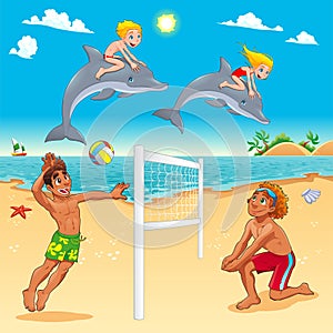 Funny summer scene with dolphins and beachvolley