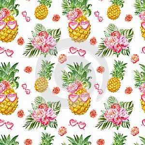 Funny summer seamless pattern with fresh pineapple in sunglasses and tropical plants on white background. Cute hawaiian print
