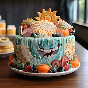 Funny Sun Fruit Salad Face Cake With Colorful Frosting