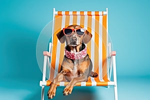 funny sunglasses wearing dog enjoys a vacation, catching some rays on a deck chair