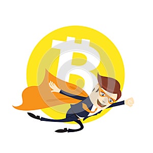 Funny super hero superman businessman flying Bitcoin digital currency cryptocurrency