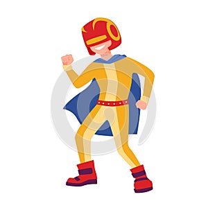 Funny superboy or superchild. Brave and strong superhero kid standing in powerful position. Fantastic child hero with