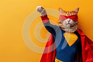 Funny superhero cat in costume gazing into empty space on pastel background with copy space