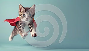 Funny superhero cat in costume looking awayisolated on pastel background with copy space