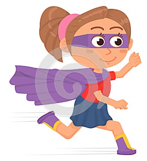 Funny superhero girl running. Kid in carnival costume