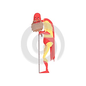 Funny superhero grandfather with walking stick. Elderly bearded man in retirement. Cartoon character in yellow costume