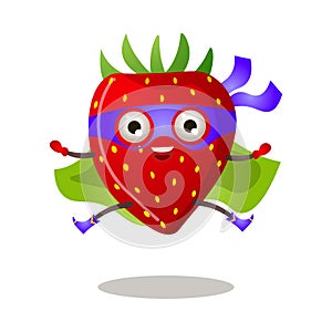 Funny superhero humanized strawberry in a purple mask and green cloak. Vector illustration isolated on white background