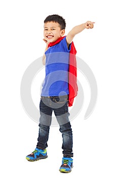 Funny superhero kid pointing and making a fist