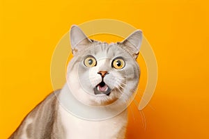 Funny surprised cat isolated on bright orange background. Studio portrait of a cat with amazed face.