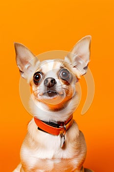 Funny surprised dog isolated on bright orange background. Studio portrait of a dog with amazed face.