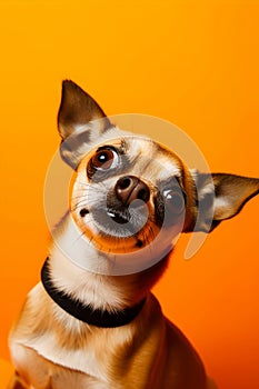 Funny surprised dog isolated on bright orange background. Studio portrait of a dog with amazed face.