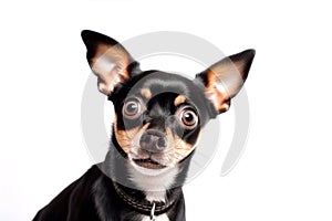 Funny surprised dog isolated on white background. Studio portrait of a dog with amazed face.