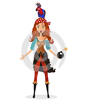 Funny surprised red-haired pirate girl holding a bomb with lit fuse with a parrot on his head isolated on white background - vecto