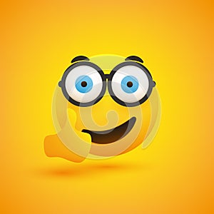 Funny Surprised, Satisfied Smiling Emoji with Glasses and Pop Out Wide Open Big Blue Eyes Showing Thumbs Up