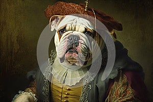 Funny and surreal pet animal dog in a classic art oil painting.