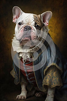 Funny and surreal pet animal dog in a classic art oil painting.