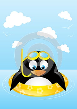 Funny swimming penguin