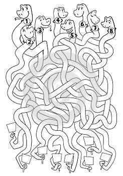 Funny Tangled Snakes. Children logic game to pass the maze. Coloring book