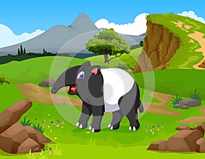 Funny tapir cartoon in the jungle with landscape background