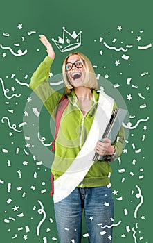 Funny teacher or student in glasses over green chalkboard background. Happy casual girl student with over blackboard