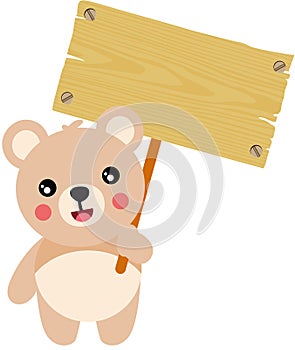 Funny teddy bear holding a wooden sign