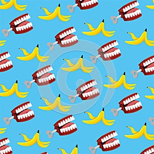 Funny teeth with banana to fools day background
