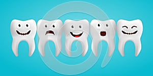 Funny teeth with different facial expressions. Smiling white teeth in a row including one scared tooth. 3D realistic vector