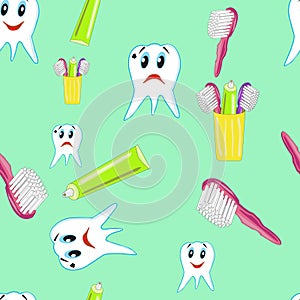 Funny teeth with toothpaste and a toothbrush