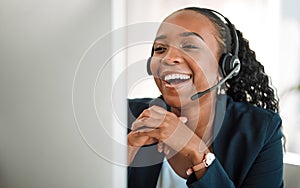 Funny, telemarketing and black woman with a smile, customer service and internet connection with help. Female person
