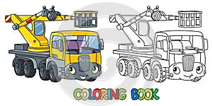 Funny telescopic boom lift car. Coloring book photo