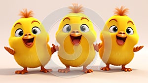 Funny three cartoon little chicks in a row, each with a cheerful smile. Happy yellow birds. Isolated on white background