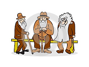 Funny three old men sitting on the bench. Old man with hat and w