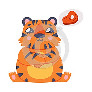 Funny Tiger Cub with Orange Fur and Stripes Having Full Belly Thinking of Meat Slab Vector Illustration