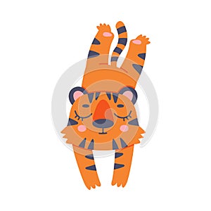 Funny Tiger Cub with Orange Fur and Stripes Lying and Sleeping Vector Illustration
