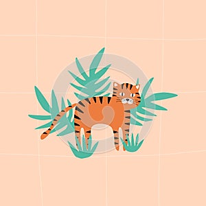 Funny tiger and jungle. Cartoon ginger cat and plants.