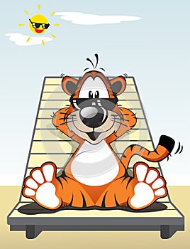 Funny Tiger Sunbathing on the beach with Black sun glasses