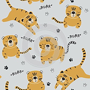 Funny tigers seamlesss pattern, childish illustration for fabric,kids nursery,clothes