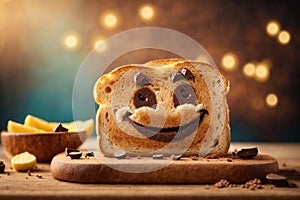 funny toast bread with chocolate smile on wooden board. ai generative